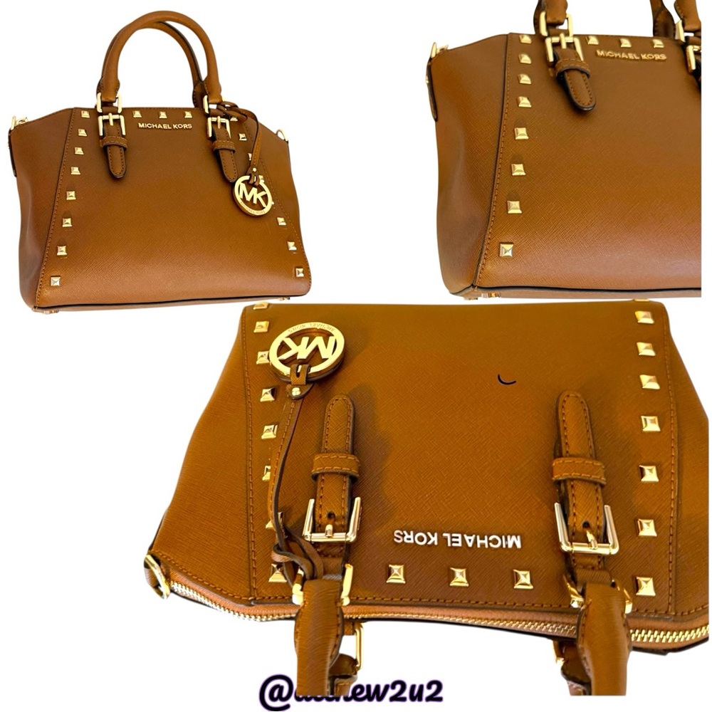 Michael Kors Ciara 2 Pc. Set Goldtone Studded Satchel Bag W / Wallet - Picture 11 of 16